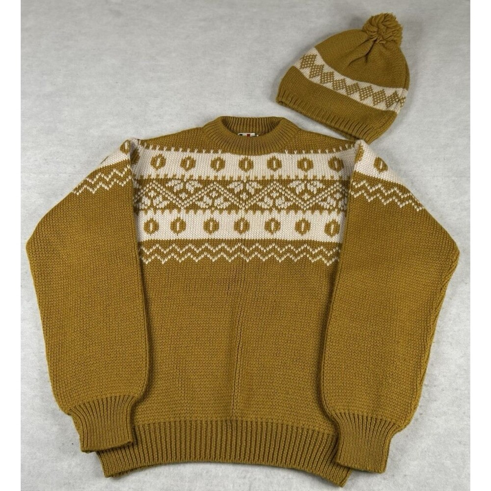 Vtg Sweater and Beanie Men's L Pure Wool Alpine Ski Fair Isle Nordic Knit Italy